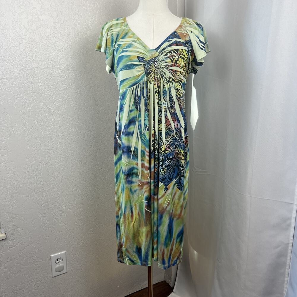 One‎ World Dress Womens Large Babydoll Geometric Stretch Boho Y2K Artsy Hippie